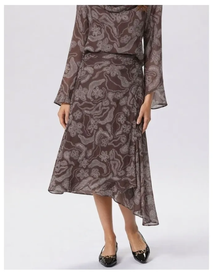 Vero Moda Maira Asymmetric Printed Midi Skirt in Brown