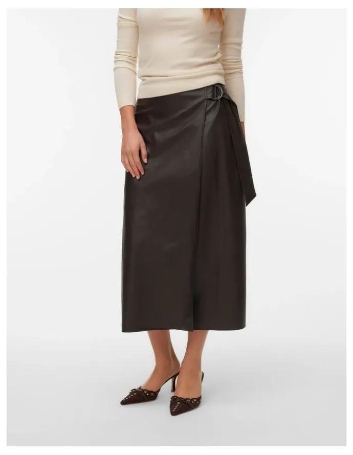 Vero Moda Polly High Waisted Midi Wrap Skirt in Brown