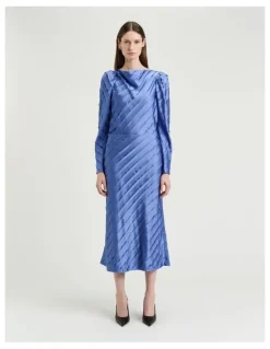 Veronika Maine Hydrangea Strip Satin Bias Skirt in Blue