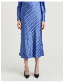 Veronika Maine Hydrangea Strip Satin Bias Skirt in Blue