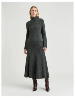 Veronika Maine Merino Silk Blend Textured Knit Flared Skirt