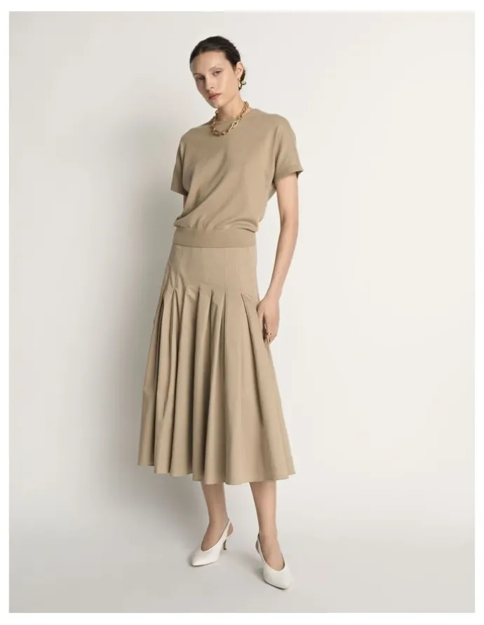 Veronika Maine Stretch Cotton Pleat Midi Skirt
