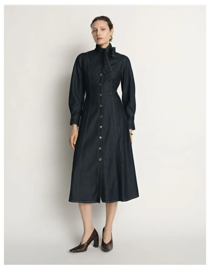 Veronika Maine Denim Tie Neck Shirtdress