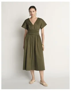 Veronika Maine Stretch Cotton Gathered Waist Midi Dress