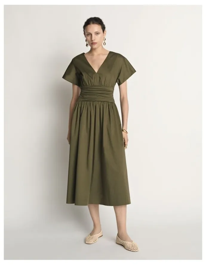 Veronika Maine Stretch Cotton Gathered Waist Midi Dress