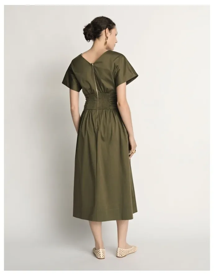 Veronika Maine Stretch Cotton Gathered Waist Midi Dress