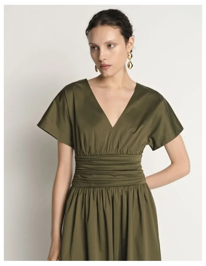 Veronika Maine Stretch Cotton Gathered Waist Midi Dress