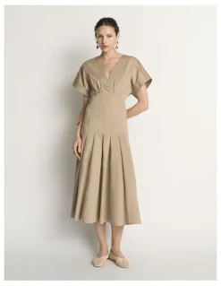 Veronika Maine Stretch Cotton Pleat Midi Dress