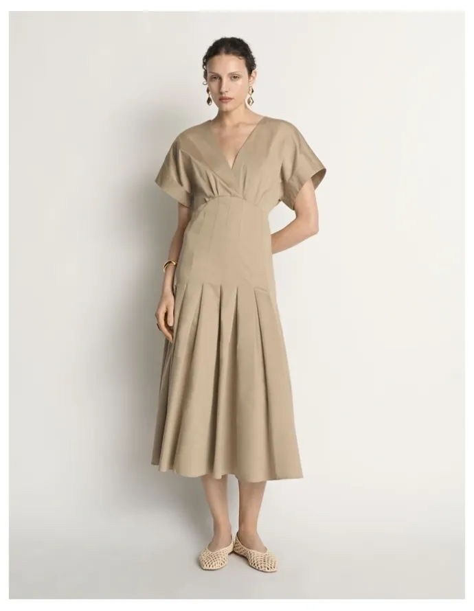 Veronika Maine Stretch Cotton Pleat Midi Dress