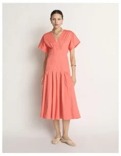 Veronika Maine Stretch Cotton Pleat Midi Dress