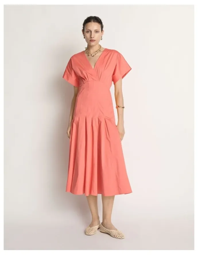 Veronika Maine Stretch Cotton Pleat Midi Dress