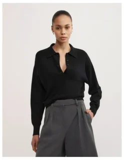 Witchery Collared Knit Polo in Black