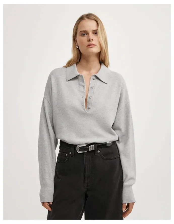 Witchery Collared Knit Polo in Light Grey Marle