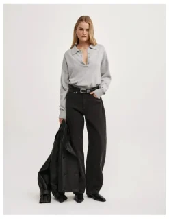 Witchery Collared Knit Polo in Light Grey Marle