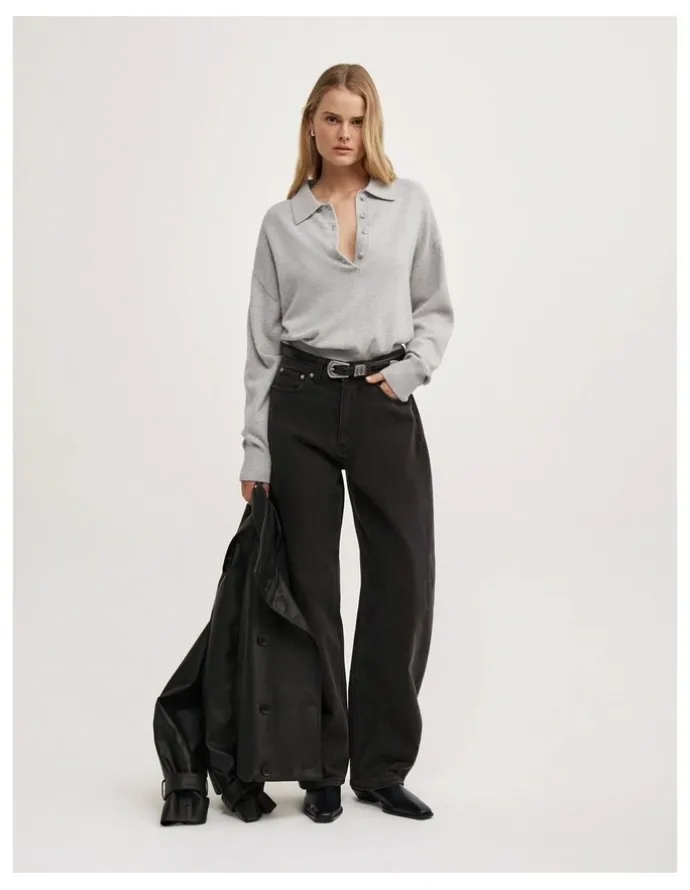 Witchery Collared Knit Polo in Light Grey Marle
