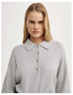 Witchery Collared Knit Polo in Light Grey Marle