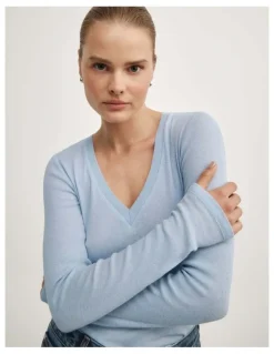 Witchery Fine V-neck Long-sleeve Top in Pale Blue