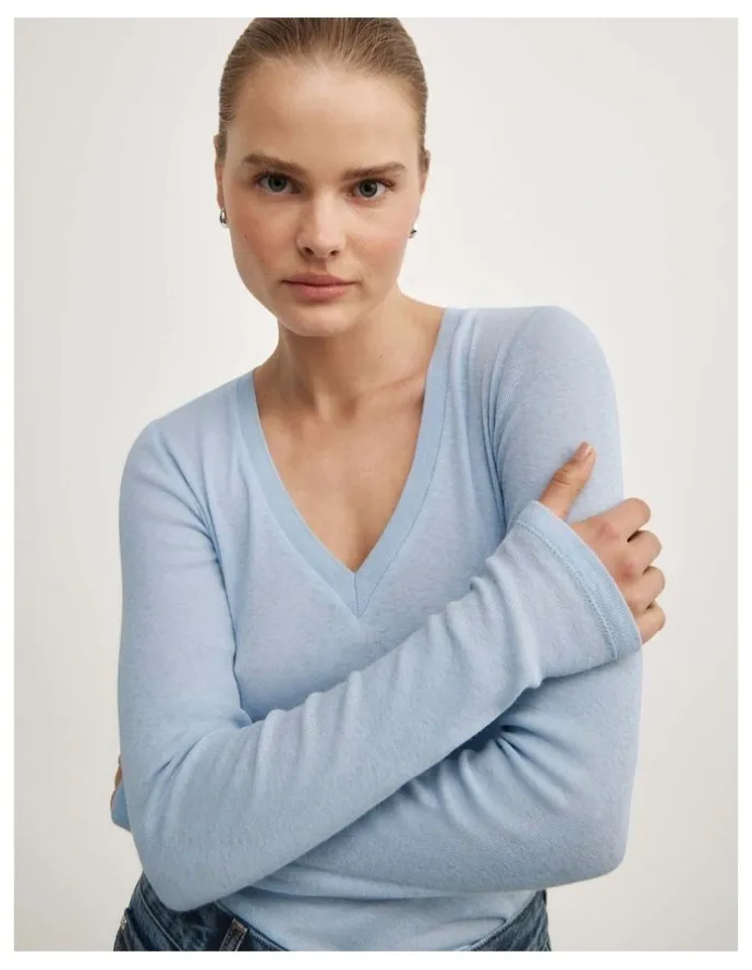 Witchery Fine V-neck Long-sleeve Top in Pale Blue