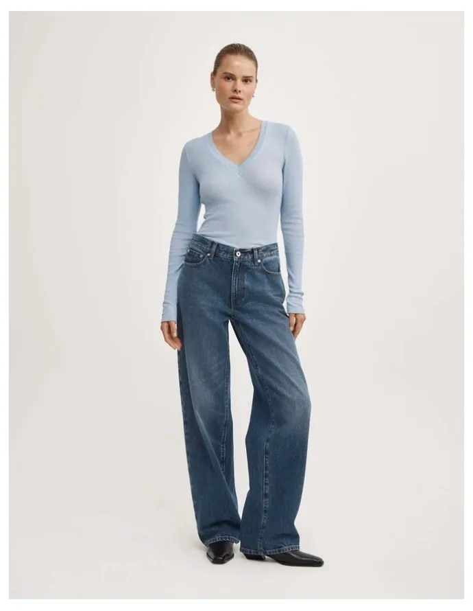Witchery Fine V-neck Long-sleeve Top in Pale Blue