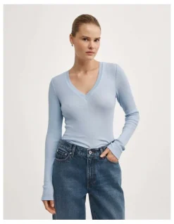 Witchery Fine V-neck Long-sleeve Top in Pale Blue