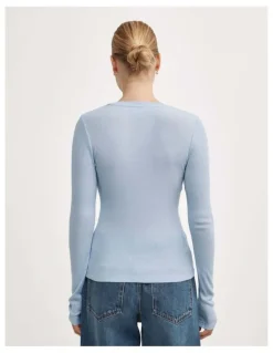 Witchery Fine V-neck Long-sleeve Top in Pale Blue