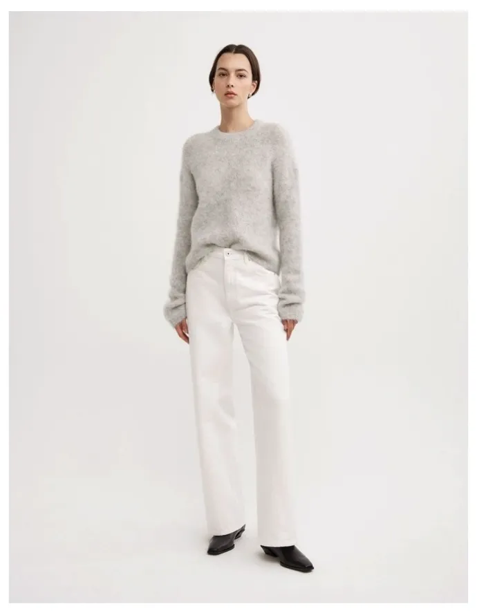 Witchery Fluffy Crew Neck Knit Jumper in Light Grey Marle
