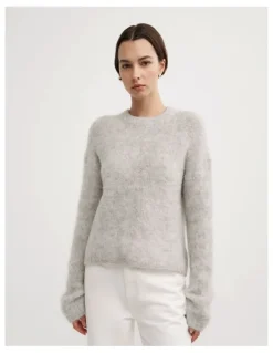 Witchery Fluffy Crew Neck Knit Jumper in Light Grey Marle