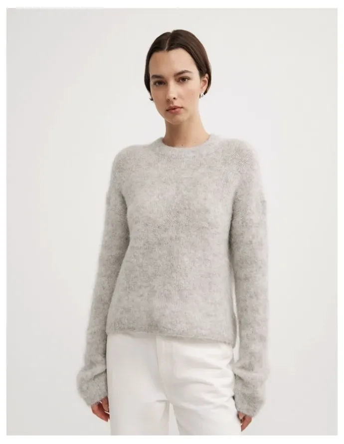 Witchery Fluffy Crew Neck Knit Jumper in Light Grey Marle