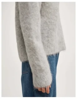 Witchery High V-neck Fluffy Knit in Light Grey Marle