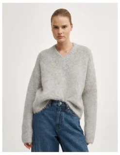 Witchery High V-neck Fluffy Knit in Light Grey Marle