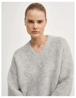 Witchery High V-neck Fluffy Knit in Light Grey Marle