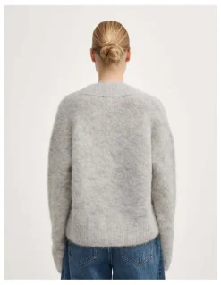 Witchery High V-neck Fluffy Knit in Light Grey Marle