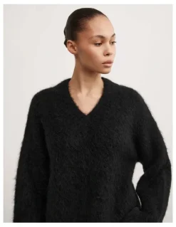 Witchery High V-neck Fluffy Knit in Black