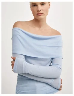 Witchery Off Shoulder Long-sleeve Top in Pale Blue
