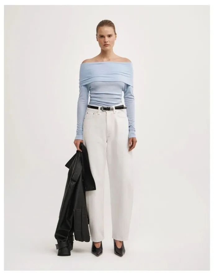 Witchery Off Shoulder Long-sleeve Top in Pale Blue