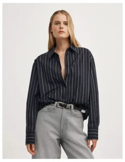 Witchery Tie Back Pinstripe Shirt in Navy Stripe