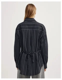 Witchery Tie Back Pinstripe Shirt in Navy Stripe