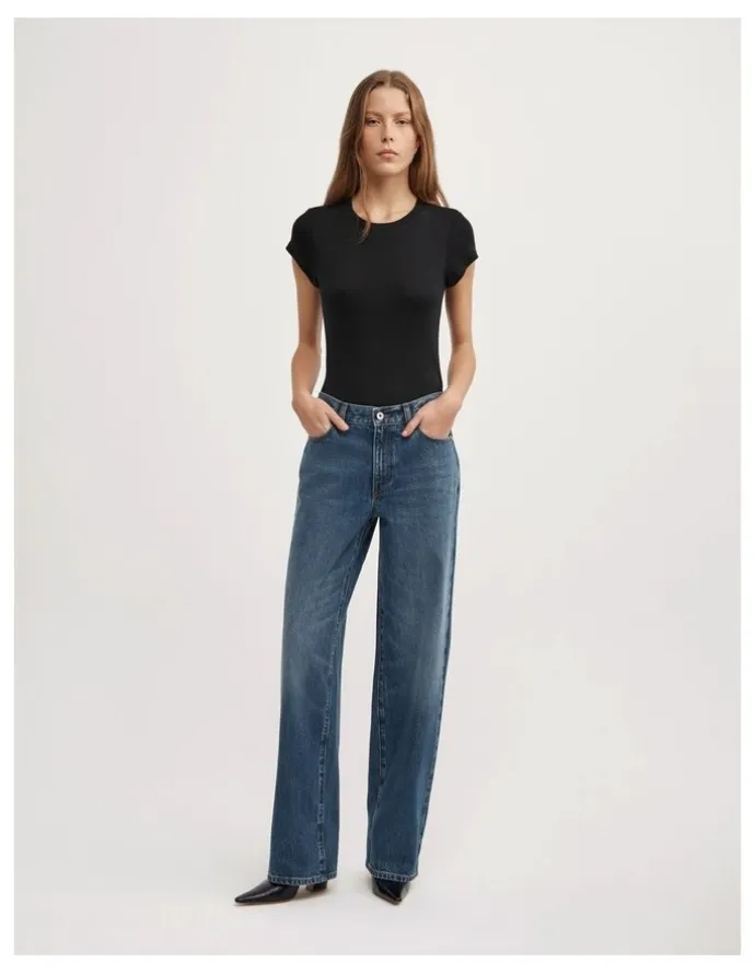 Witchery Mid Rise Wide Leg Jean in Tinted Wash Denim